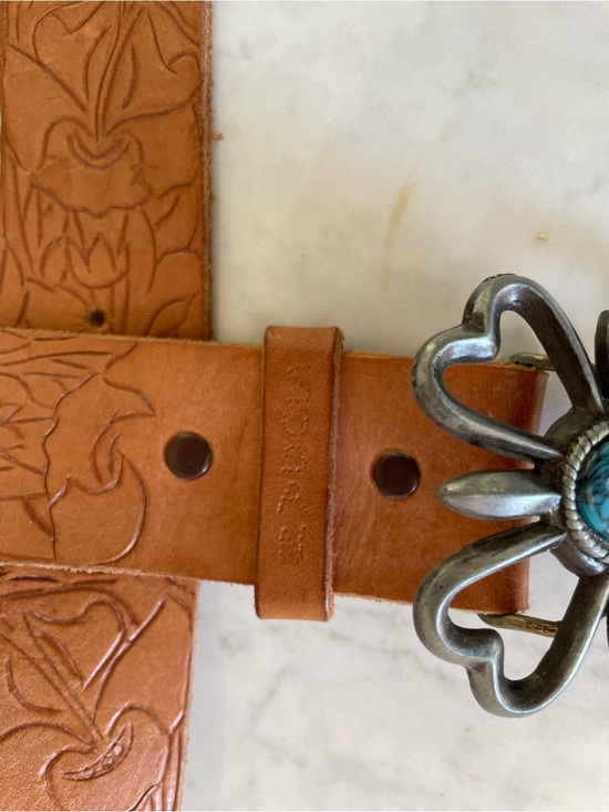 Vintage Tooled Leather Belt with a Turquoise-style Floral Buckle main image 6